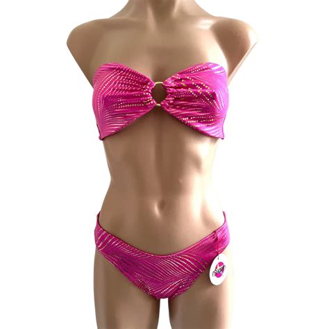 Hot Pink Swimwear Set Strapless Top And Bottom Cheeky Bikini Etsy