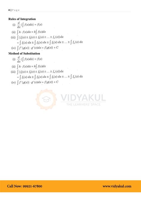 Class Th Math Integrals Formulas Cbse Vidyakul