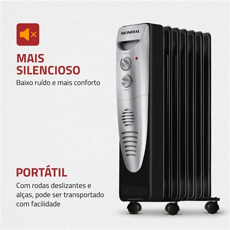 Aquecedor A Oleo De Ambiente - Aquecedor de Ambiente Mondial A-06 A Óleo Preto e Prata 1500W 127V ...