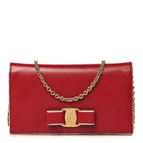 SALVATORE FERRAGAMO Hammered Calfskin Vara Bow Chain Wallet Red 1171221