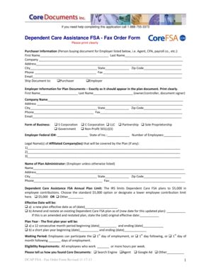 Fillable Online Dependent Care FSA Fax Order Form Core Documents Inc