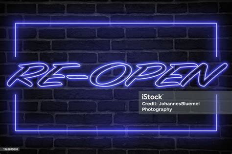 Open Neon Sign Blue Glow Neon Text Brick Wall Lit By Neon Lamps Night Lighting On The Wall