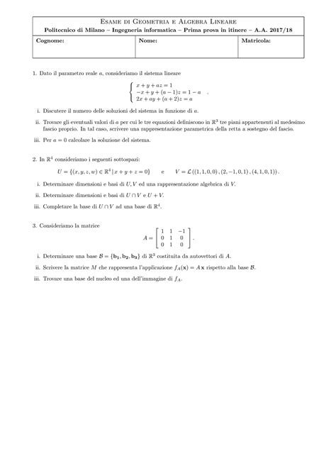 Esempio Di Prima Itinere Esame Di Geometria E Algebra Lineare