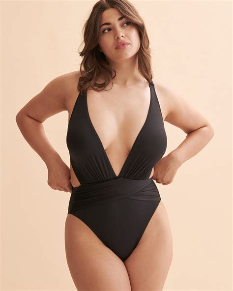 Santemare Rib Deep Plunge One Piece Swimsuit Black Bikini Village