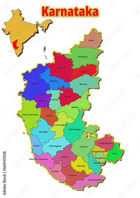 Map Of Karnataka State With Names Of Regions Vector Illustration Of