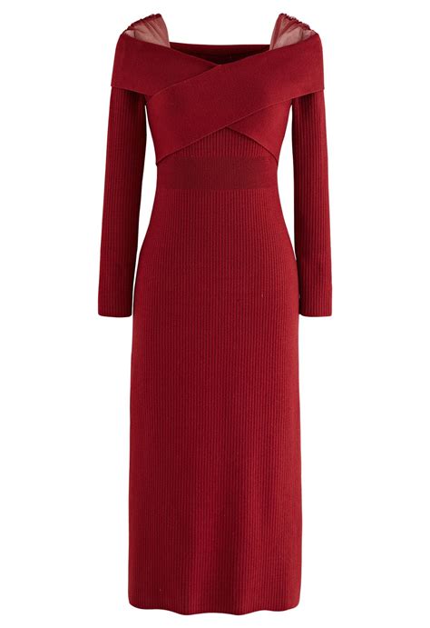 Crisscross Mesh Shoulder Knit Dress In Red Retro Indie And Unique Fashion