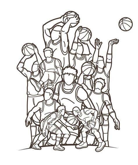 Group Of Basketball Players Action Cartoon Sport Graphic Vector Stock