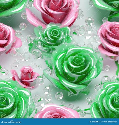 Pink Green Rose Flowers Glitter White Background Tile Seamless