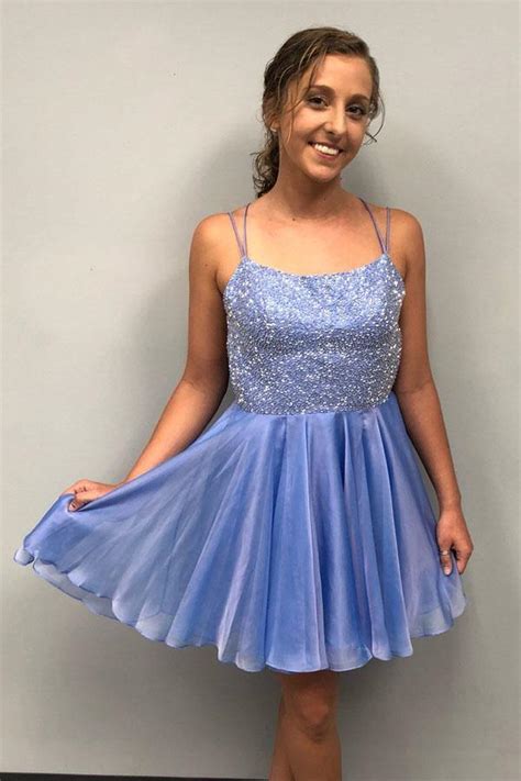 Sparkle Beaded Cap Sleeves Light Sky Blue Homecoming Dress Pgmdress