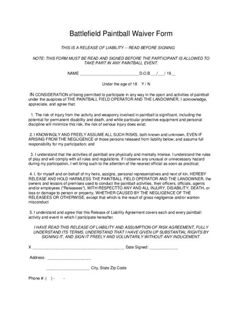 Fillable Online Battlefield Paintball Waiver Form Fax Email Print