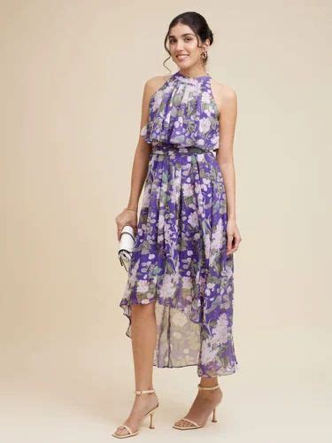 Floral Printed High Low Halter Neck Fit And Flare Midi Dress At Rs 1850