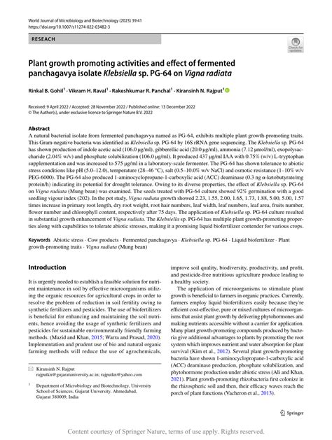 Plant Growth Promoting Activities And Effect Of Fermented Panchagavya Isolate Klebsiella Sp Pg