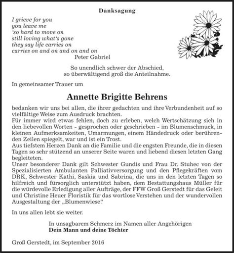 Traueranzeigen Von Annette Brigitte Behrens Abschied Nehmen De