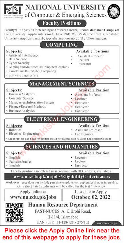 Fast National University Islamabad Jobs September Online Apply