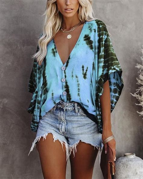 V Neck Bat Sleeve Chiffon Tie Dyed Shirt Women White Blouse Batwing