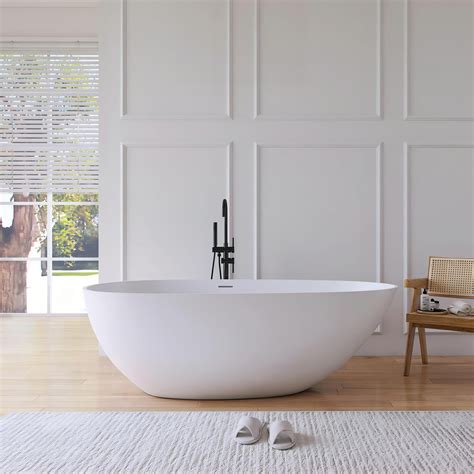 67" Stone Resin Freestanding Bathtub, Modern Soaking Solid Surface