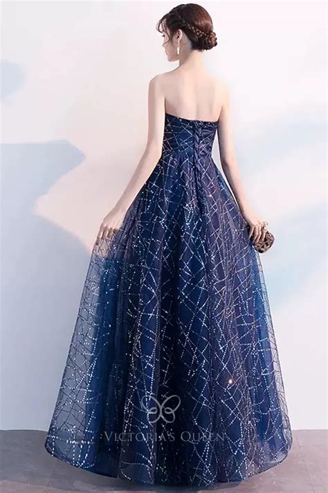 Fabulous Sequinned Navy Tulle Long Evening Party Dress Vq