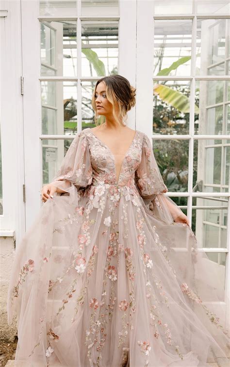 Dreamy Floral Lace Boho Wedding Dress With Blouson Sleeves