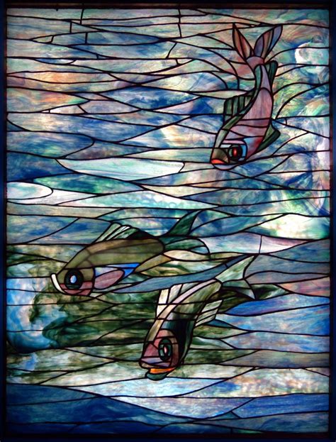 Stained Glass Window Featuring Fish Designed By The Tiffany Glass