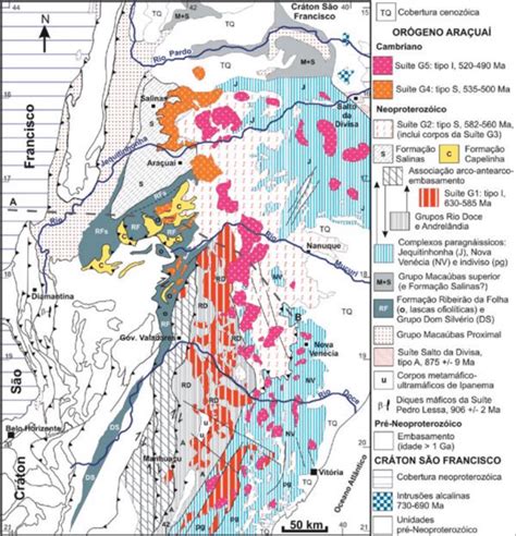 Mapa geológico e coluna estratigráfica do Orógeno Araçuaí Fonte