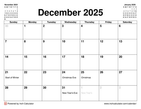 December 2025 Calendar - Inch Calculator