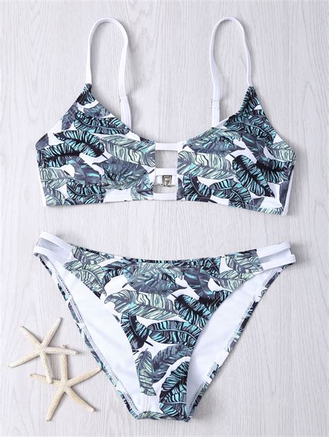 Women S Spaghetti Strap Hollow Out Leaves Print Bikini Set Trajes De