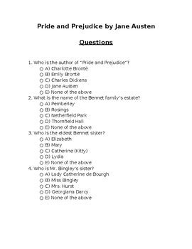 Pride And Prejudice Multiple Choice Questions Editable By Your