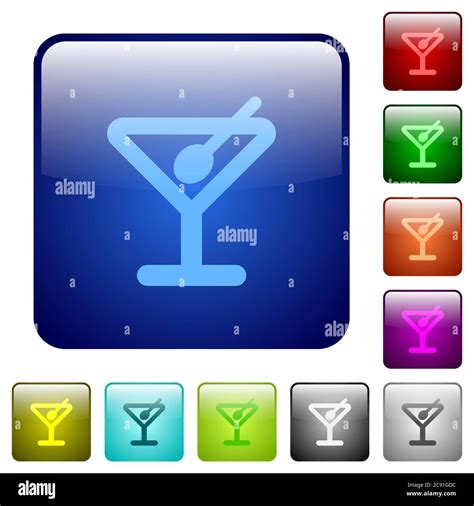 Cocktail Icons In Rounded Square Color Glossy Button Set Stock Vector