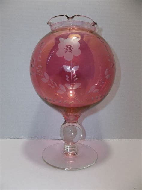 Vintage Flashed Cranberry Glass Rose Bowl Vase Footed Fluted Edge Cranberry Glass Glass