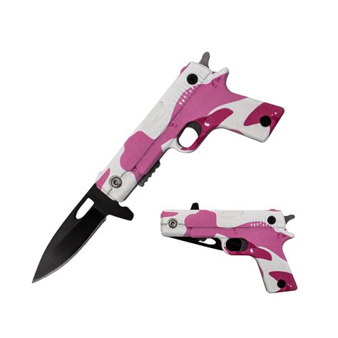 Tiger Usa Mini Pistol Trigger Action Assisted Knife Pink Camo