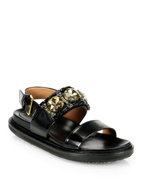 Marni Jeweled Leather Slingback Platform Flat Sandals In Gold Coal Lyst