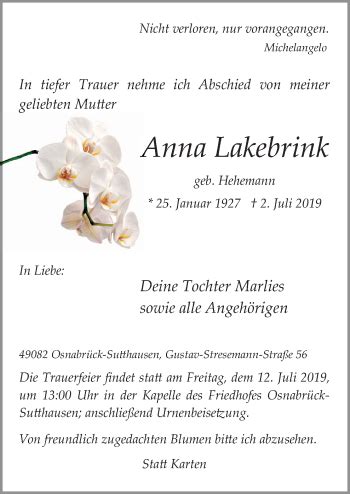 Traueranzeigen Von Anna Lakebrink Noz Trauerportal