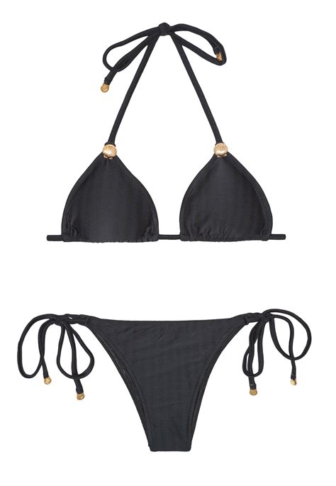 Schwarzer Triangel Bikini Mit Satin Effekt Und Dekorativen Muscheln