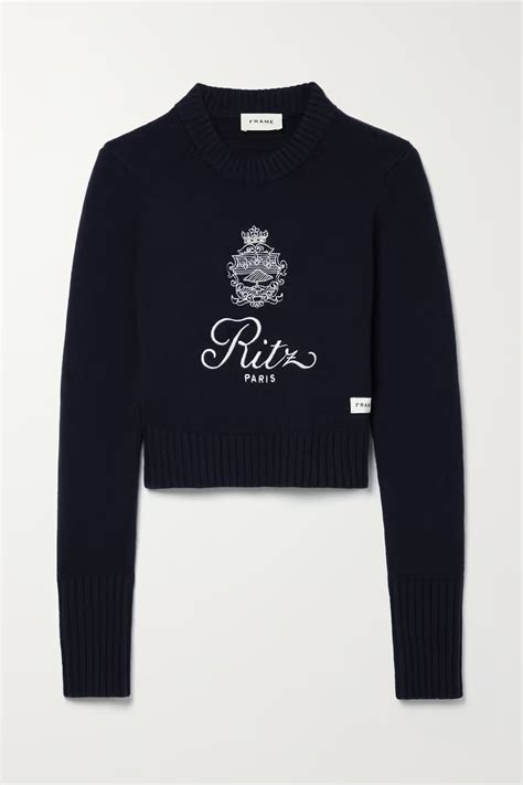 Navy Ritz Paris Cropped Embroidered Cashmere Sweater FRAME NET A