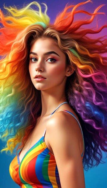 A Woman With Rainbow Hair Is Painted On A Rainbow Colored Background