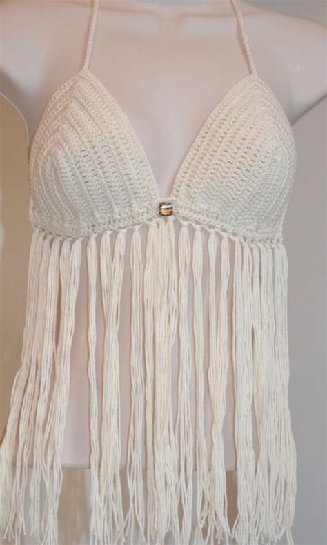 Handmade Crochet Crop Top Sexy Halter With Fringe Hippie Etsy