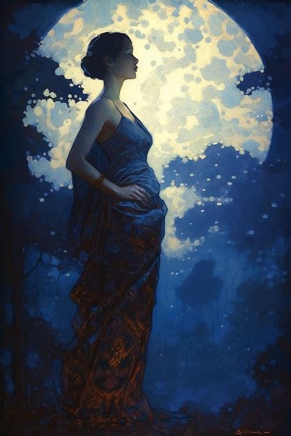 Premium AI Image | A painting of a woman in a blue dress with the moon ...