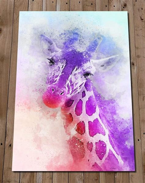 Purple Giraffe Head Print - Colourful Wall Art Watercolour Painting ...