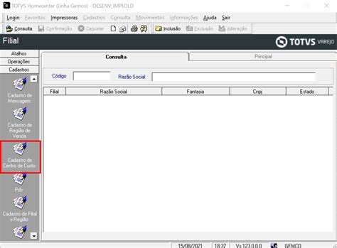 GA TOTVS Varejo Homecenter Linha Gemco Cadastro De Centro De
