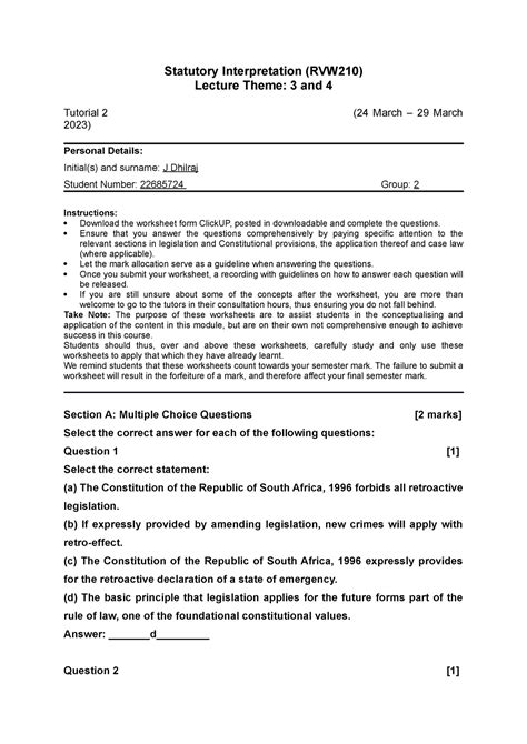 Rvw Tutorial 2 Practice Questions Statutory Interpretation RVW210