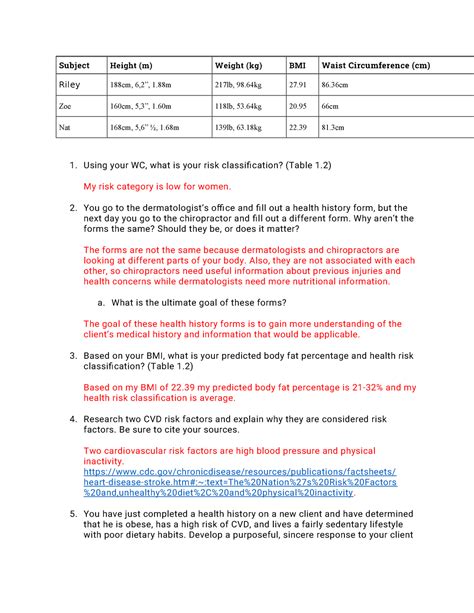 Exs L Data Analysis Subject Height M Weight Kg Bmi Waist