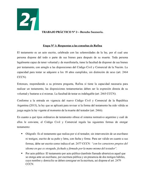 Tp 3 Derecho Sucesorio Etapa 1 TRABAJO PRÁCTICO N 3 Derecho