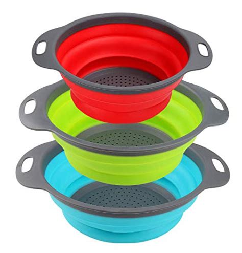 Collapsible Colander Set Of 3 Silicone Kitchen Strainers With Plastic