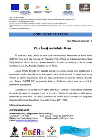 Comunicat De Presa Ante Ziua Invatamantului Pt Romi CISPER CLUJ PDF