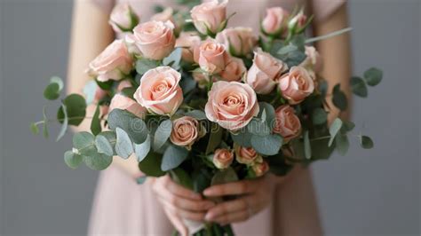 Mujer Con Traje Rosa Con Ramo De Rosas Rosadas Y Hojas De Eucalipto