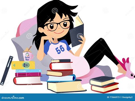 Chic Girl Reading A Book Cute Vector Clip Art Woman Black Hair With