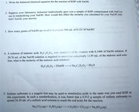 Solved Write The Balanced Chemical Equation For The Reaction Of Khp With Naoh The Laboratory