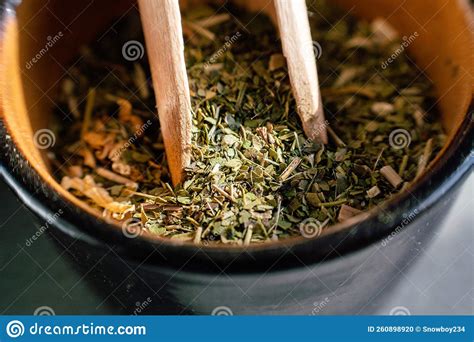 Ilex Paraguariensis Yerba Mate Green Tea Leaves Macro Shot Stock