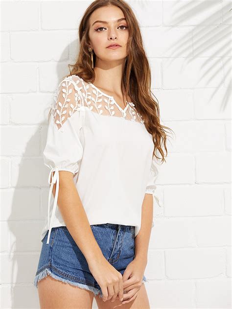 Embroidered Mesh Yoke Tie Cuff Top Blusa Elegante Blusas Mujer