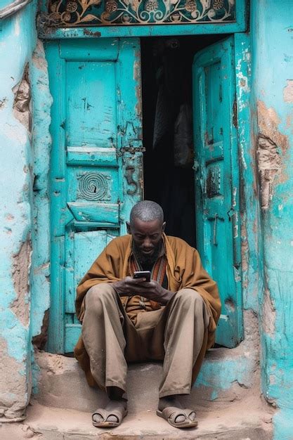 Un hombre sentado en una puerta mirando su teléfono celular Foto Premium